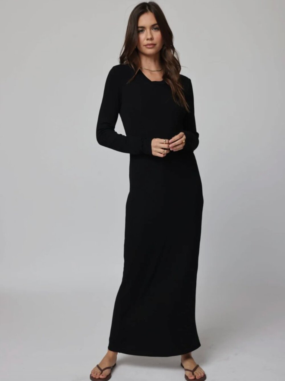 Stillwater | Rib Long Sleeve Maxi Dress in Black